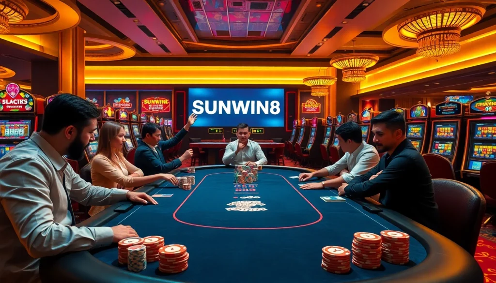 Experience the thrill of SUNWIN 88 as players engage in high-stakes poker amid vibrant casino lights.