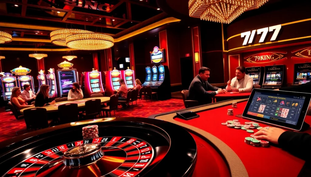 Experience the excitement of 79KING casino with thrilling poker chips and a spinning roulette wheel.