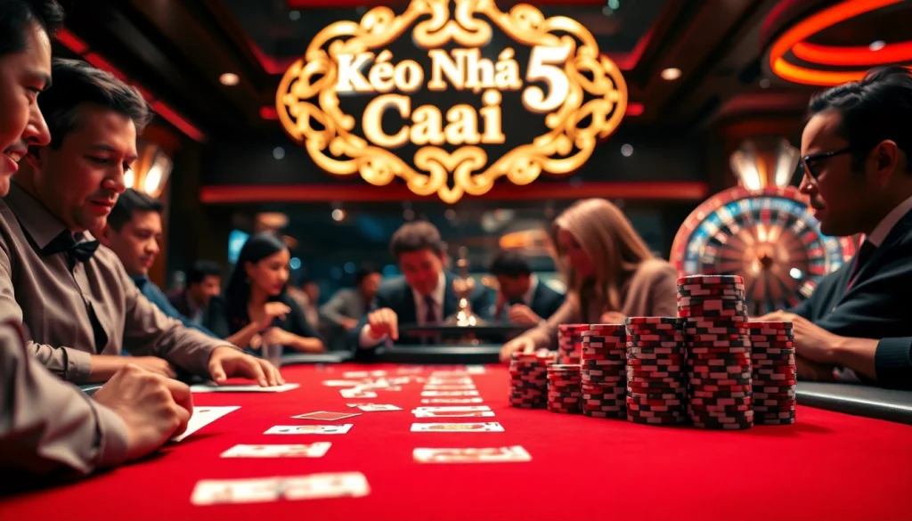 Kèo Nhà Cái 5 emphasizes thrilling moments at a blackjack table in a glamorous casino.
