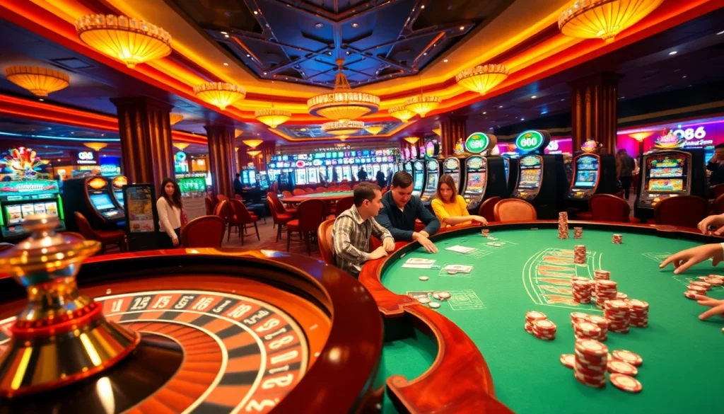 Go88 players excitedly placing bets at a roulette table in a bustling casino.