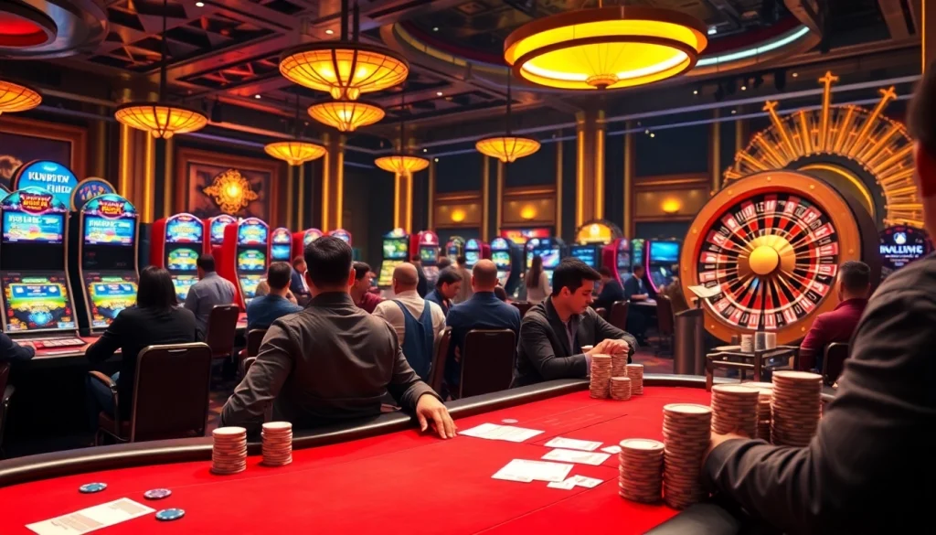 KUWIN captures a thrilling casino ambiance with players engaged at poker tables, highlighting the excitement of gambling.